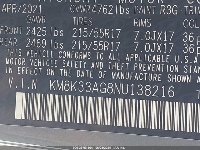KM8K33AG8NU138216 Hyundai Kona Electric Sel