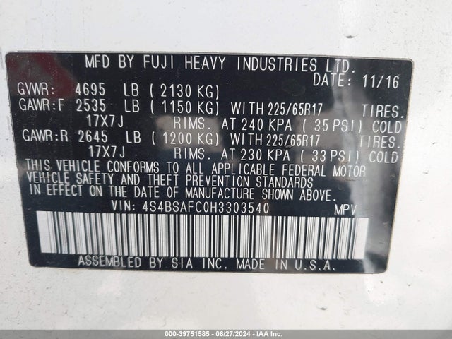 Subaru Outback 2.5i Premium 2017 4S4BSAFC0H3303540 Image 9