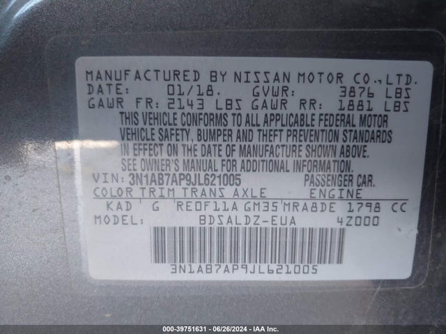 Nissan SENTRA SV 2018 3N1AB7AP9JL621005 Image 9