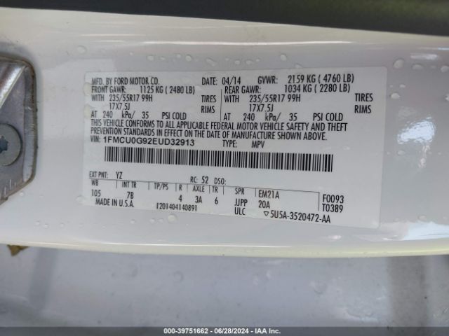 1FMCU0G92EUD32913 Ford ESCAPE SE