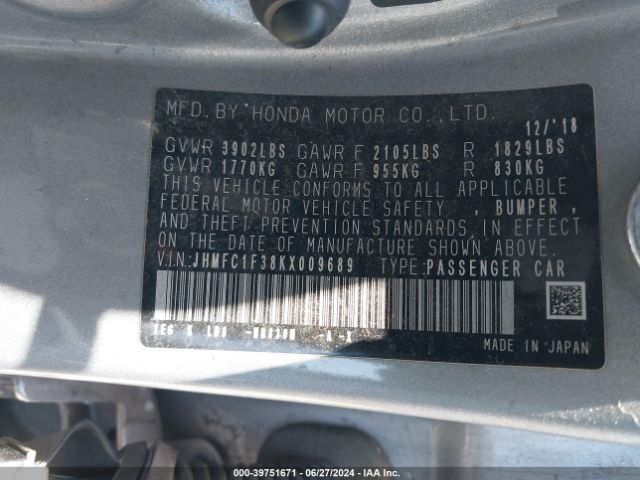JHMFC1F38KX009689 Honda CIVIC EX