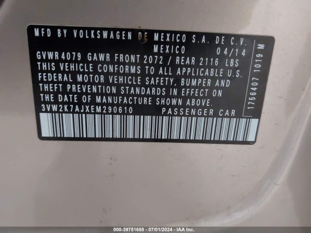 3VW2K7AJXEM290610 Volkswagen Jetta 2.0l S