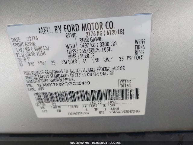 Ford Explorer Limited 2016 1FM5K7F89GGC25410 Image 9