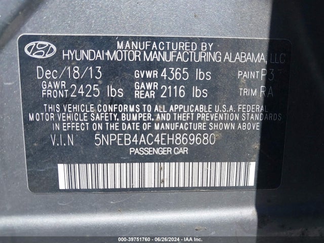 Hyundai SONATA GLS 2014 5NPEB4AC4EH869680 Image 9