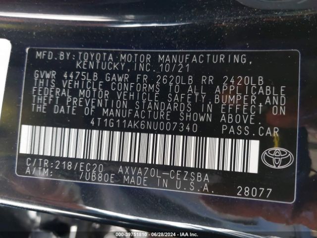 4T1G11AK6NU007340 Toyota Camry Se Nightshade Edition