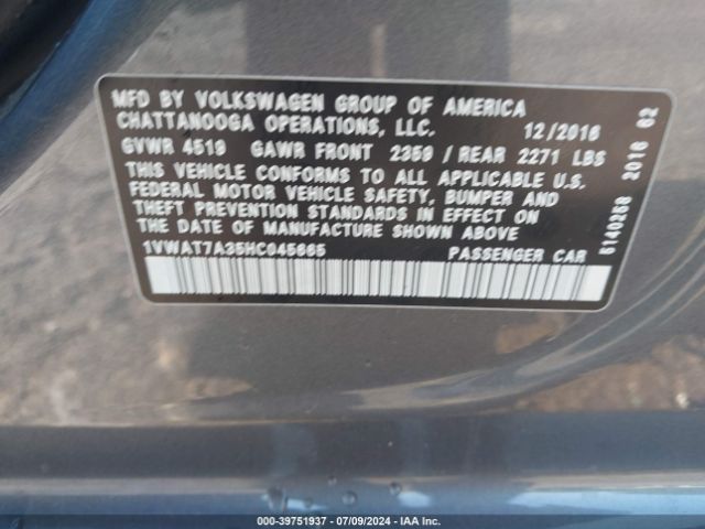 1VWAT7A35HC045665 Volkswagen Passat 1.8t S