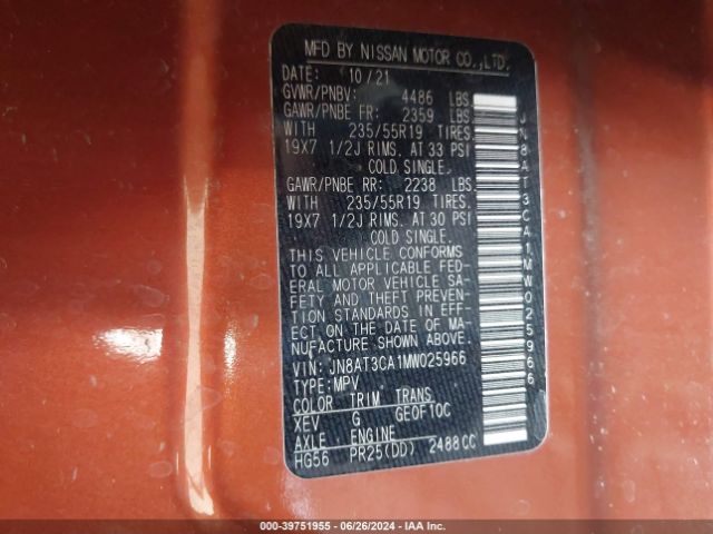 JN8AT3CA1MW025966 Nissan Rogue Sl Fwd