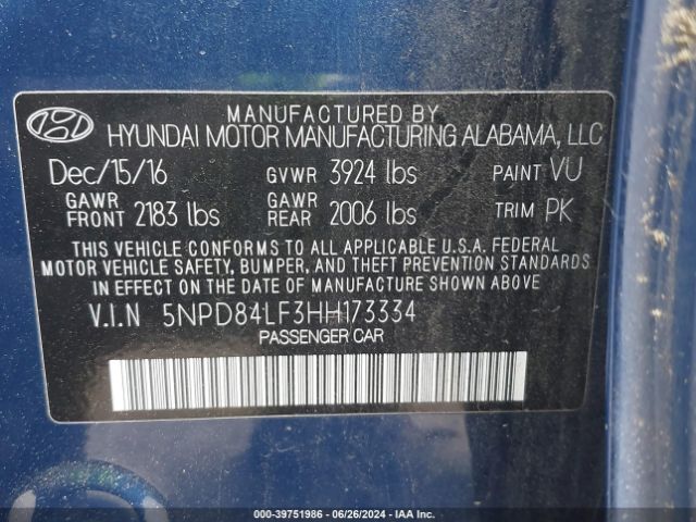5NPD84LF3HH173334 Hyundai ELANTRA SE