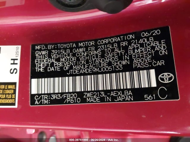 JTDEAMDE9MJ005133 Toyota Corolla Hybrid Le