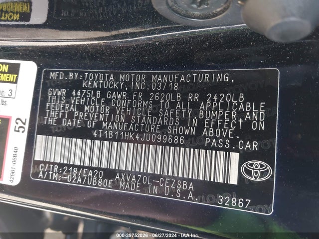 Toyota CAMRY SE 2018 4T1B11HK4JU099686 Image 9