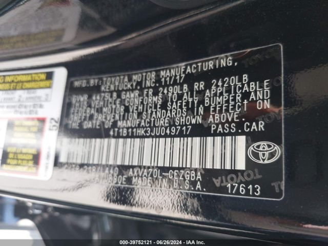 4T1B11HK3JU049717 Toyota CAMRY XLE