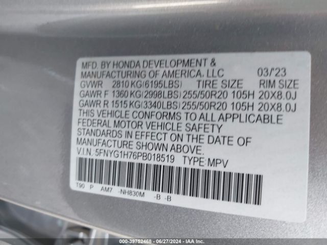 5FNYG1H76PB018519 Honda Pilot Awd Touring