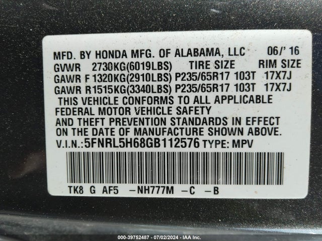 Honda Odyssey Ex-l 2016 5FNRL5H68GB112576 Image 9
