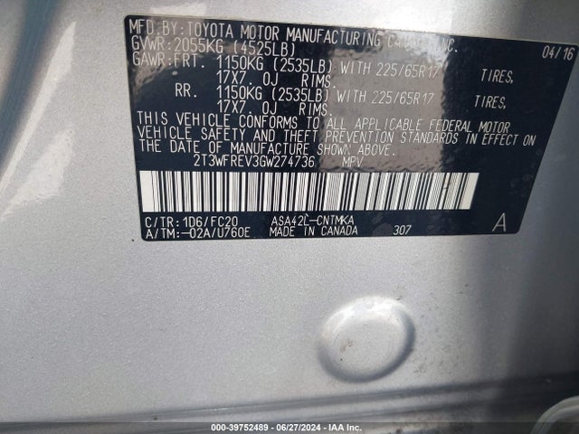 Toyota Rav4 Xle 2016 2T3WFREV3GW274736 Image 9