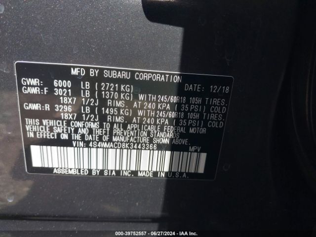 4S4WMACD8K3443366 Subaru Ascent Premium