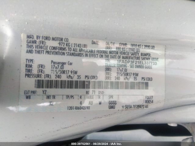 1FADP3F21EL337733 Ford FOCUS SE