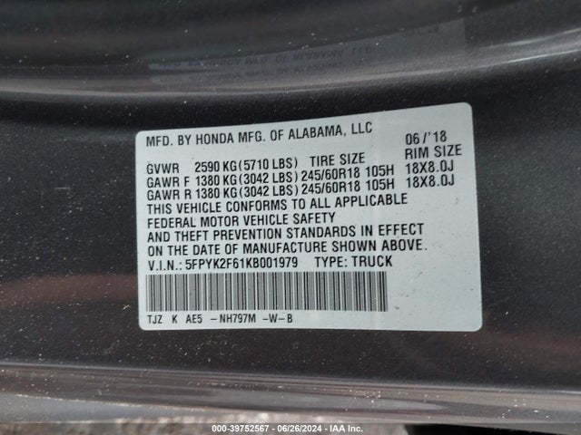 Honda Ridgeline Rtl-t 2019 5FPYK2F61KB001979 Image 9