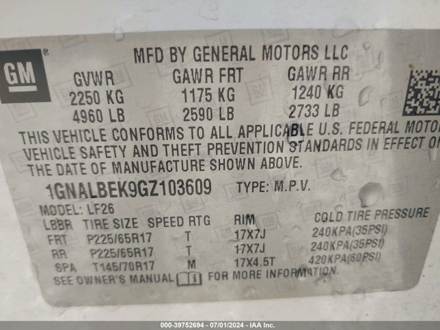 Продаж на аукціоні авто 2016 Chevrolet Equinox Ls, vin: 1GNALBEK9GZ103609, номер лоту: 39752694