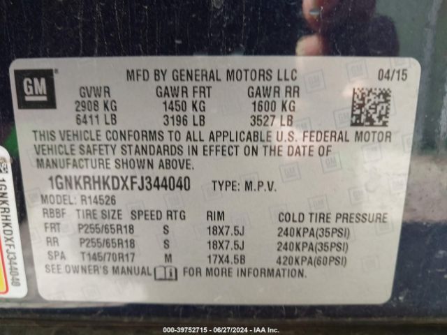 1GNKRHKDXFJ344040 Chevrolet Traverse 2lt