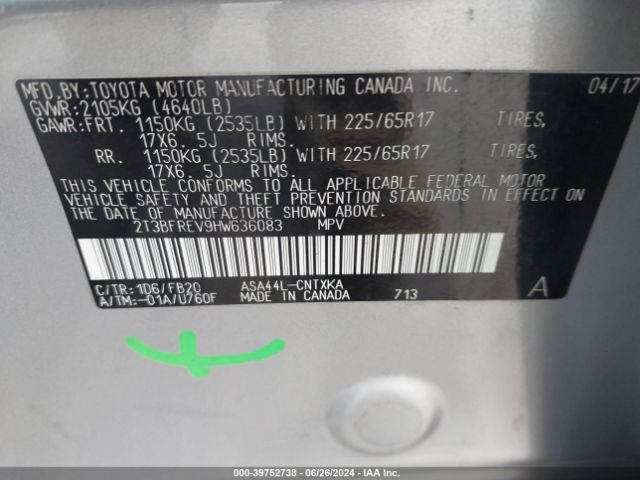 2T3BFREV9HW636083 Toyota RAV4 LE
