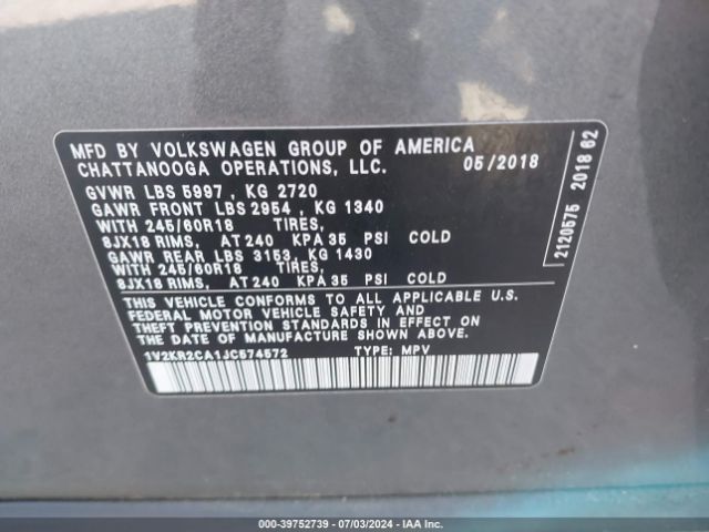 1V2KR2CA1JC574572 Volkswagen Atlas 3.6l V6 Se