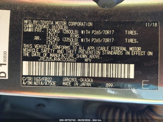 JTEZU5JR4K5200662 Toyota 4RUNNER SR5