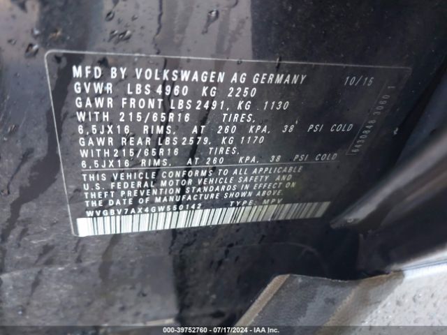 WVGBV7AX4GW550142 Volkswagen TIGUAN S