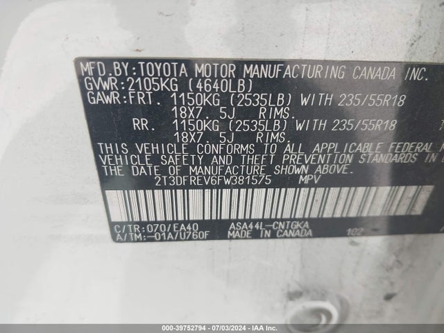 Toyota Rav4 Limited 2015 2T3DFREV6FW381575 Image 9