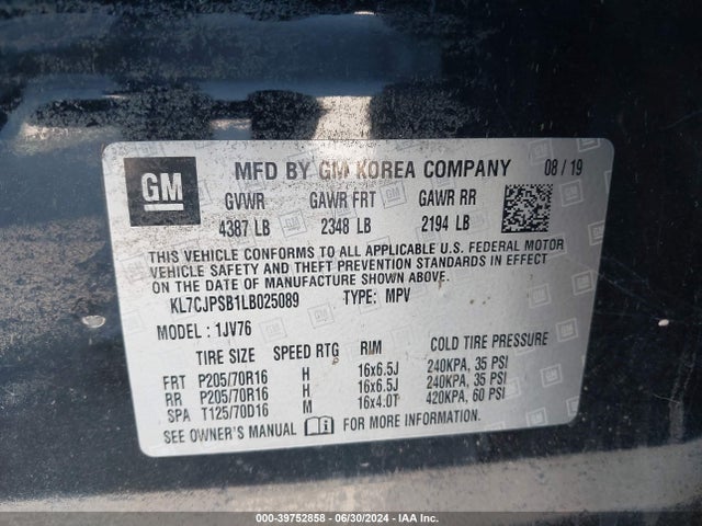 Chevrolet Trax Awd Lt 2020 KL7CJPSB1LB025089 Image 9
