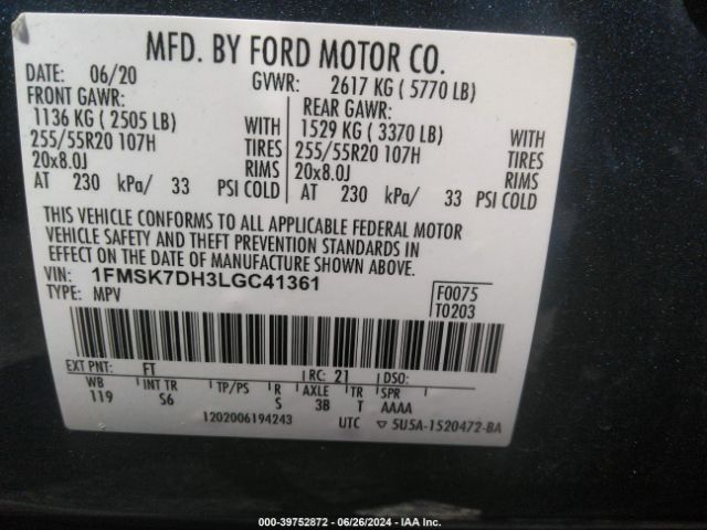 1FMSK7DH3LGC41361 Ford EXPLORER XLT