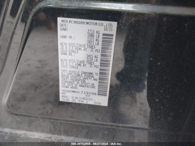 5N1AR2MMXFC719598 Nissan Pathfinder Platinum