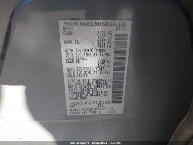 5N1DR3CD7RC210139 Nissan Pathfinder Sl 4wd