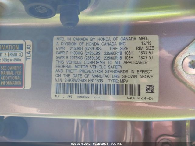 2HKRW2H82LH611506 Honda Cr-v Awd Ex-l