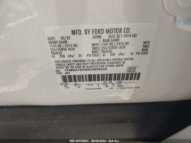 Ford EXPLORER XLT 2022 1FMSK7DH8NGB58222 Image 9