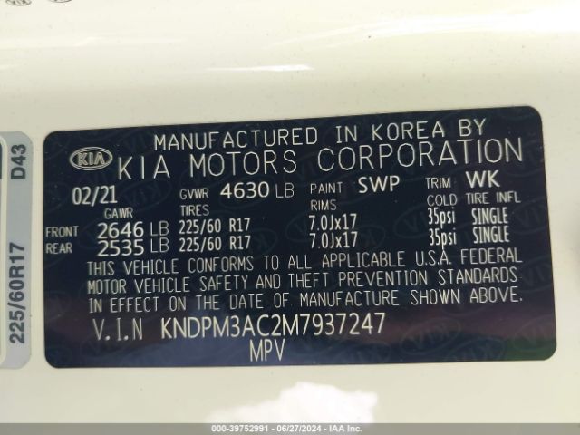 KNDPM3AC2M7937247 KIA Sportage Lx