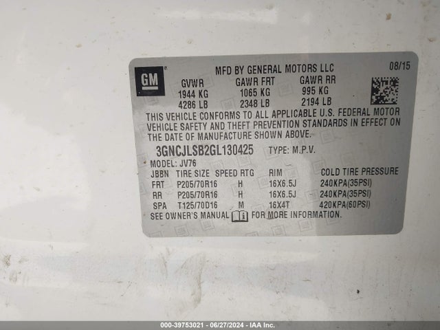 Chevrolet Trax Lt 2016 3GNCJLSB2GL130425 Image 9