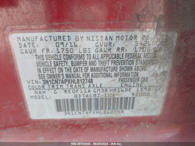 3N1CN7APXHL812748 Nissan Versa 1.6 S/1.6 S+/1.6 Sl/1.6 Sv