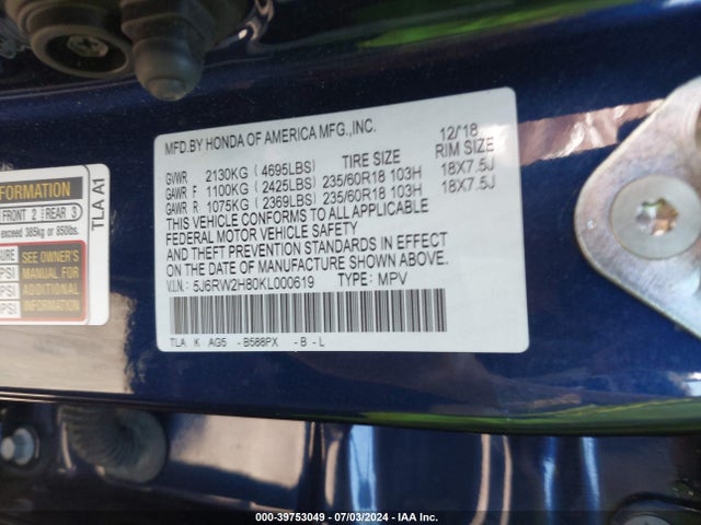 Honda Cr-v Ex-l 2019 5J6RW2H80KL000619 Image 9