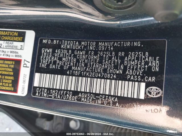 4T1BF1FK2EU470824 Toyota CAMRY SE