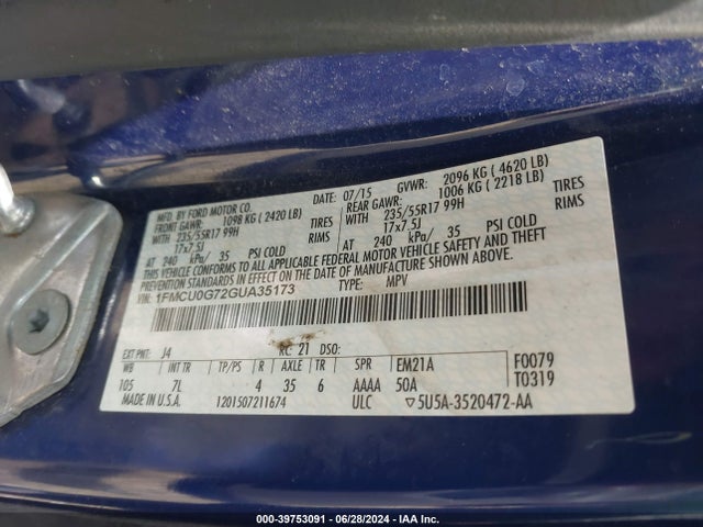 Ford ESCAPE SE 2016 1FMCU0G72GUA35173 Image 9