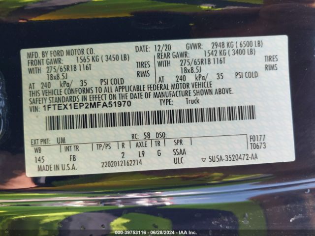 1FTEX1EP2MFA51970 Ford F-150 Xlt
