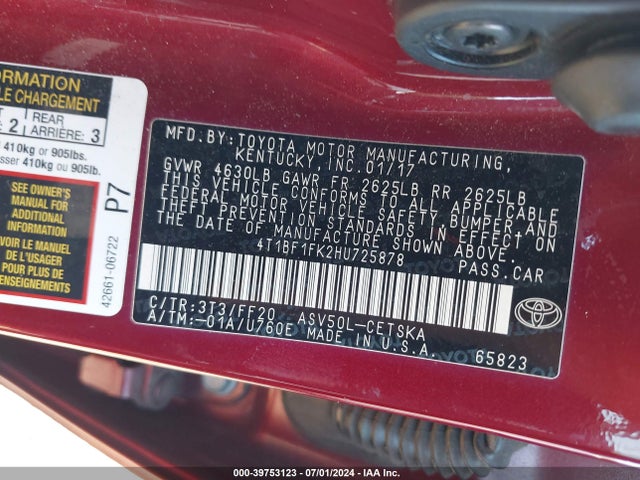 Toyota CAMRY SE 2017 4T1BF1FK2HU725878 Image 9