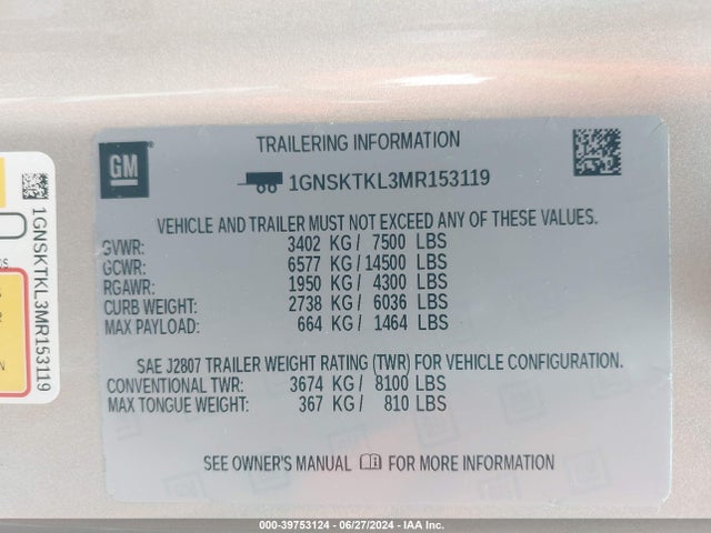 1GNSKTKL3MR153119 Chevrolet Tahoe 4wd High Country