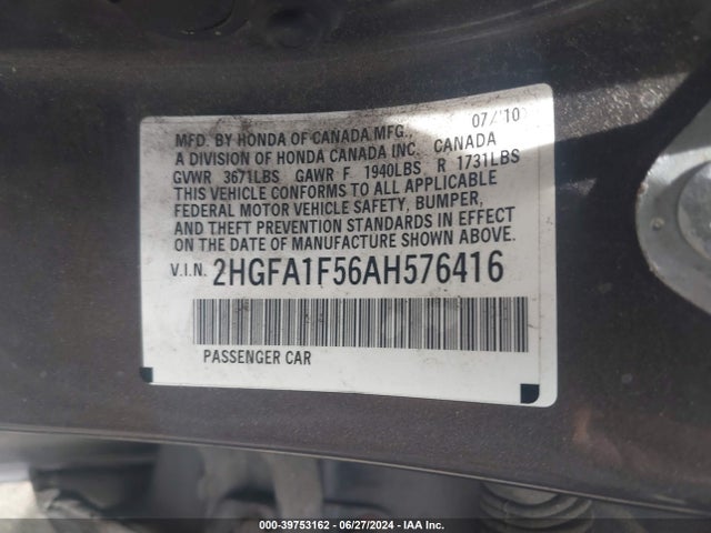 Продаж на аукціоні авто 2010 Honda Civic Lx, vin: 2HGFA1F56AH576416, номер лоту: 39753162