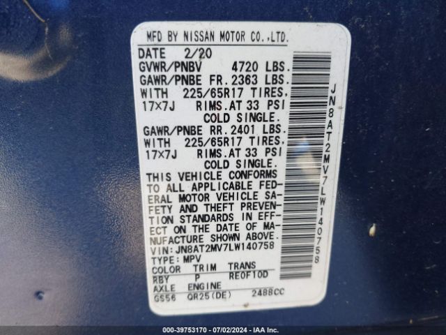 JN8AT2MV7LW140758 Nissan Rogue Sv Intelligent Awd
