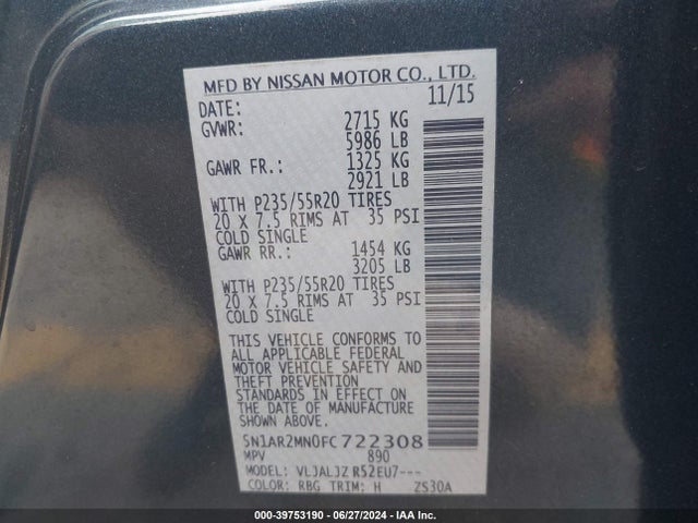 Nissan Pathfinder Platinum 2015 5N1AR2MN0FC722308 Image 9