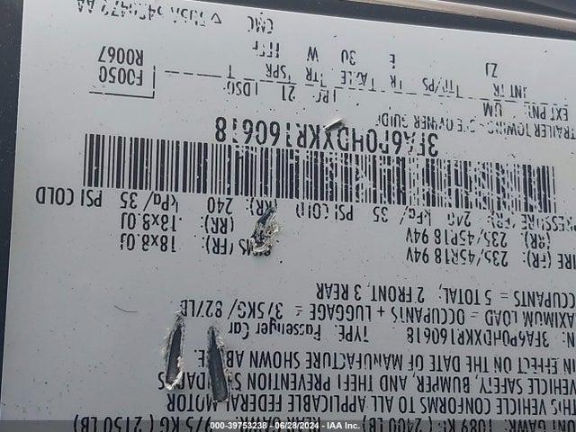 Ford FUSION SE 2019 3FA6P0HDXKR160618 Image 9