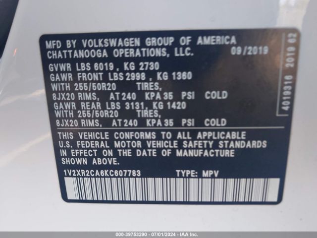 1V2XR2CA6KC607783 Volkswagen Atlas 3.6l V6 Se W/technology R-line