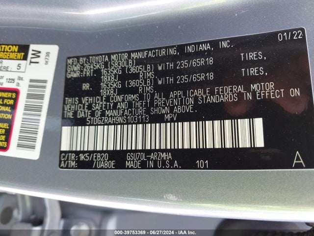 Toyota Highlander Xle 2022 5TDGZRAH9NS103113 Image 9