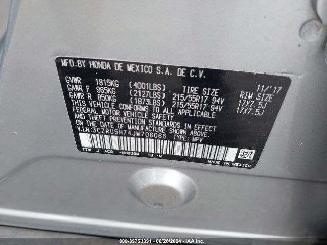 3CZRU5H74JM706066 Honda Hr-v Ex-l
